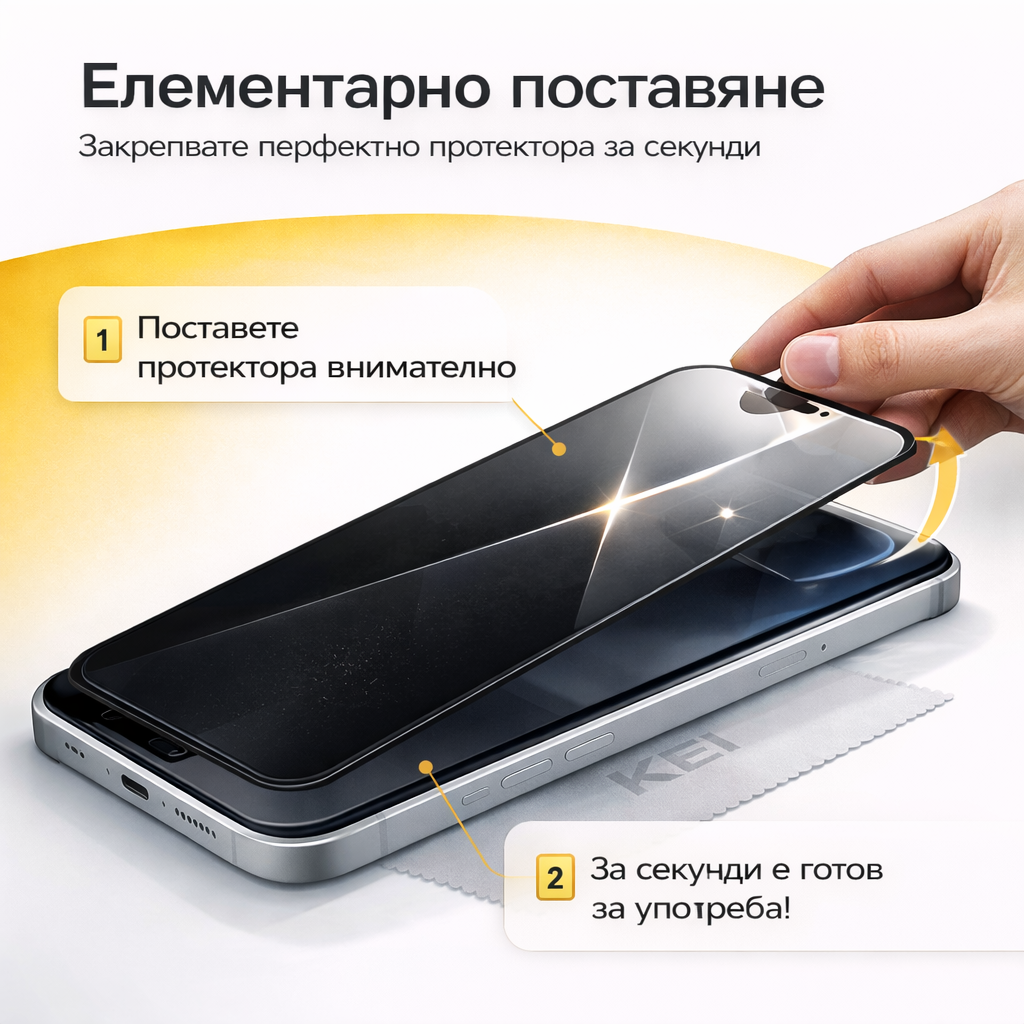 Phone screen protector installation process with a hand applying the protector to a phone.