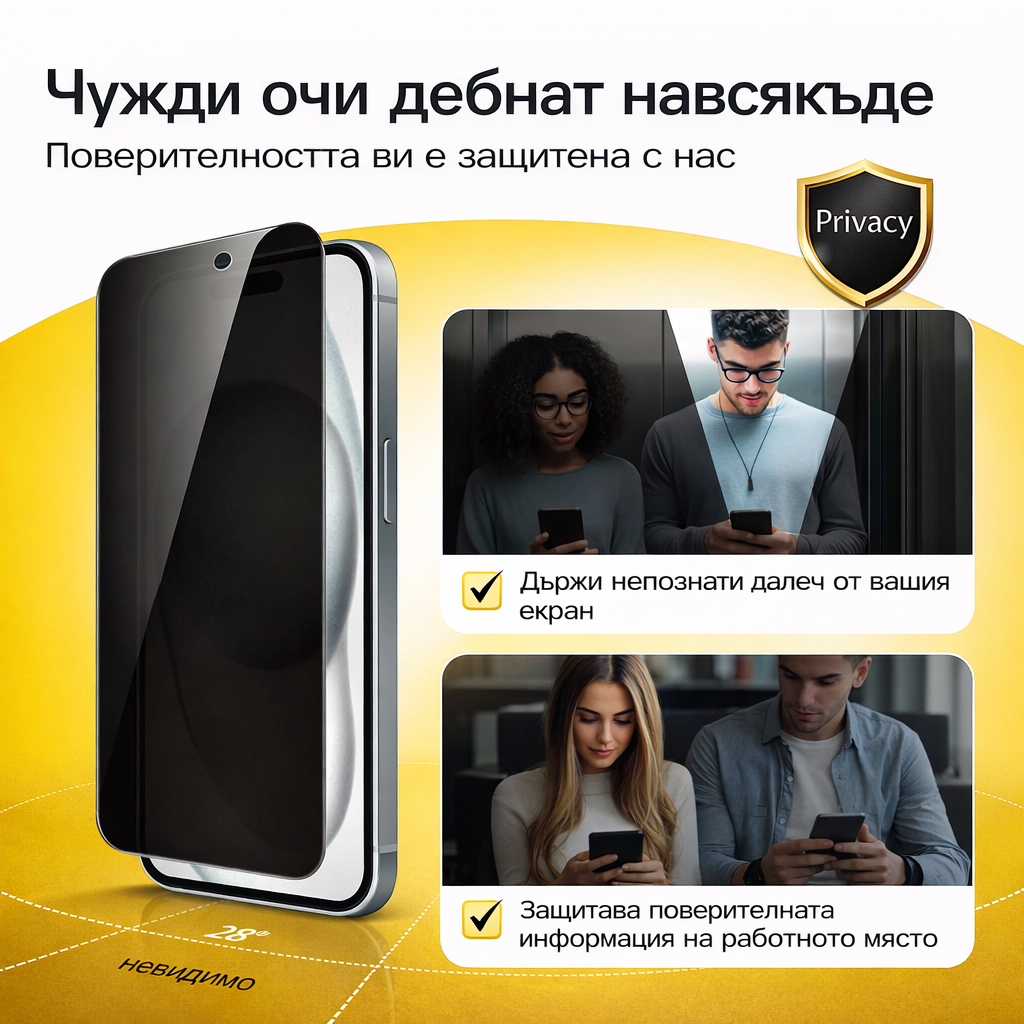 Privacy screen protector advertisement with people using phones and text in Bulgarian.
