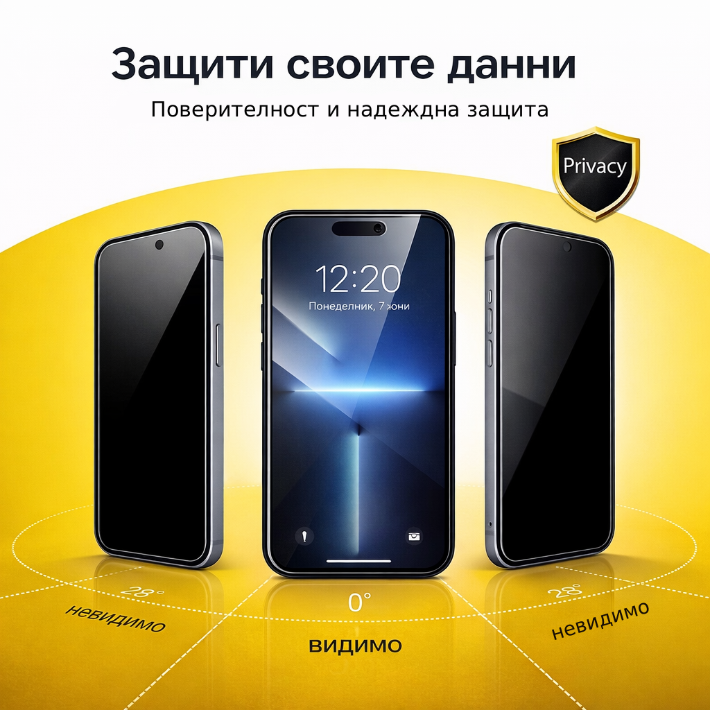 Three smartphones with a focus on privacy screen protector, displayed against a yellow background.